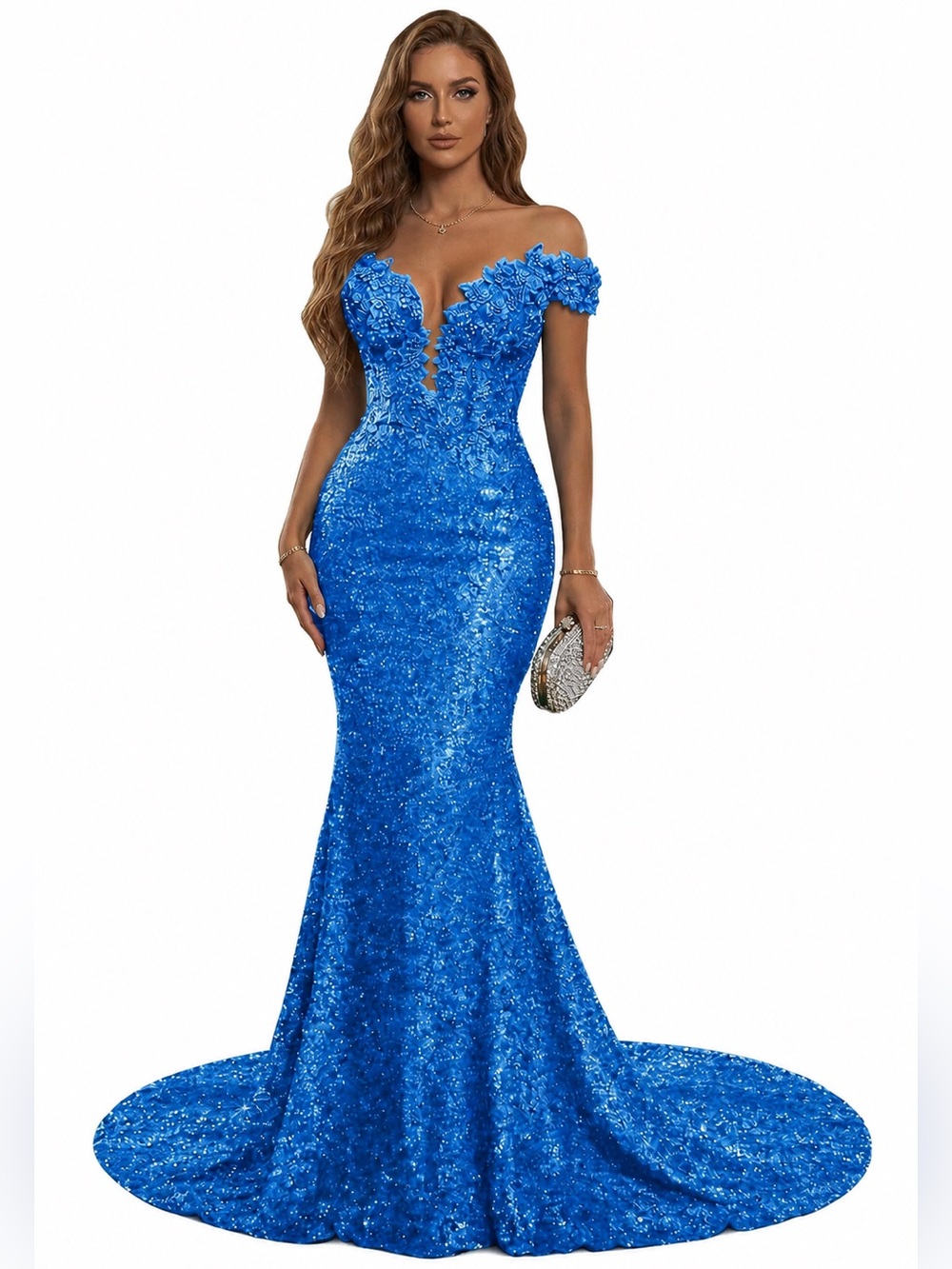 Royal Blue Sequin Mermaid Formal Gown Off Shoulder Corset Train NWT Size 8